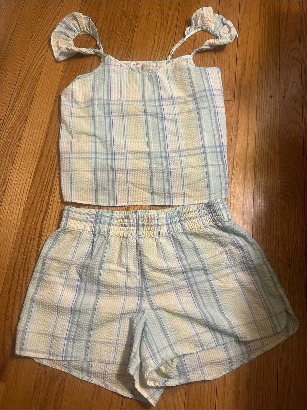 J Crew Plaid Seersucker Two-Piece Tank & Shorts Set - Pastel Blue/Yellow S